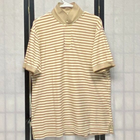 Nautica Short Sleeve Horizonal Stripe Striped Bands 2 Button Polo Shirt Gold L - Picture 5 of 11